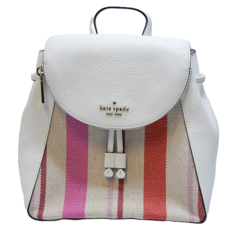 Kate Spade NY Leila Multi Stripe Canvas White Pebble Leather Backpack Bag